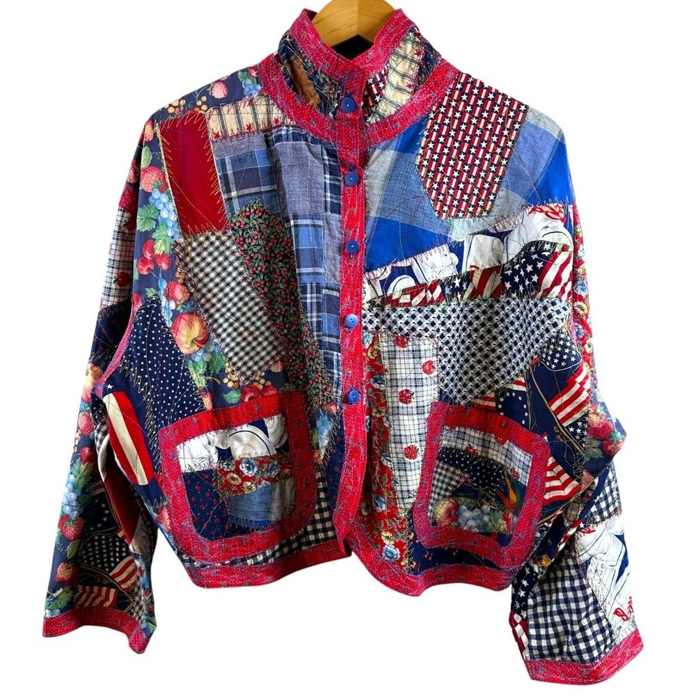 Vtg Kay Louise OOAK Red White Blue Patchwork Cotton Jacket Boho Handmade M/L - Picture 3 of 6